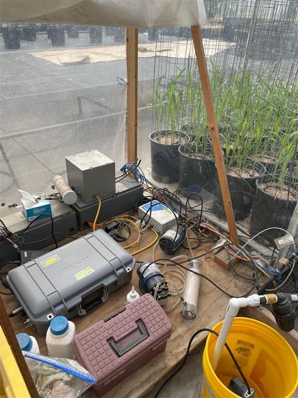a nighttime image of the LI-COR soil chambers at the testing site