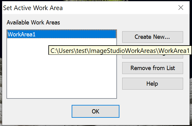 This is the Set As Work Area dialog with a tooltip showing the full path to a Work Area.
