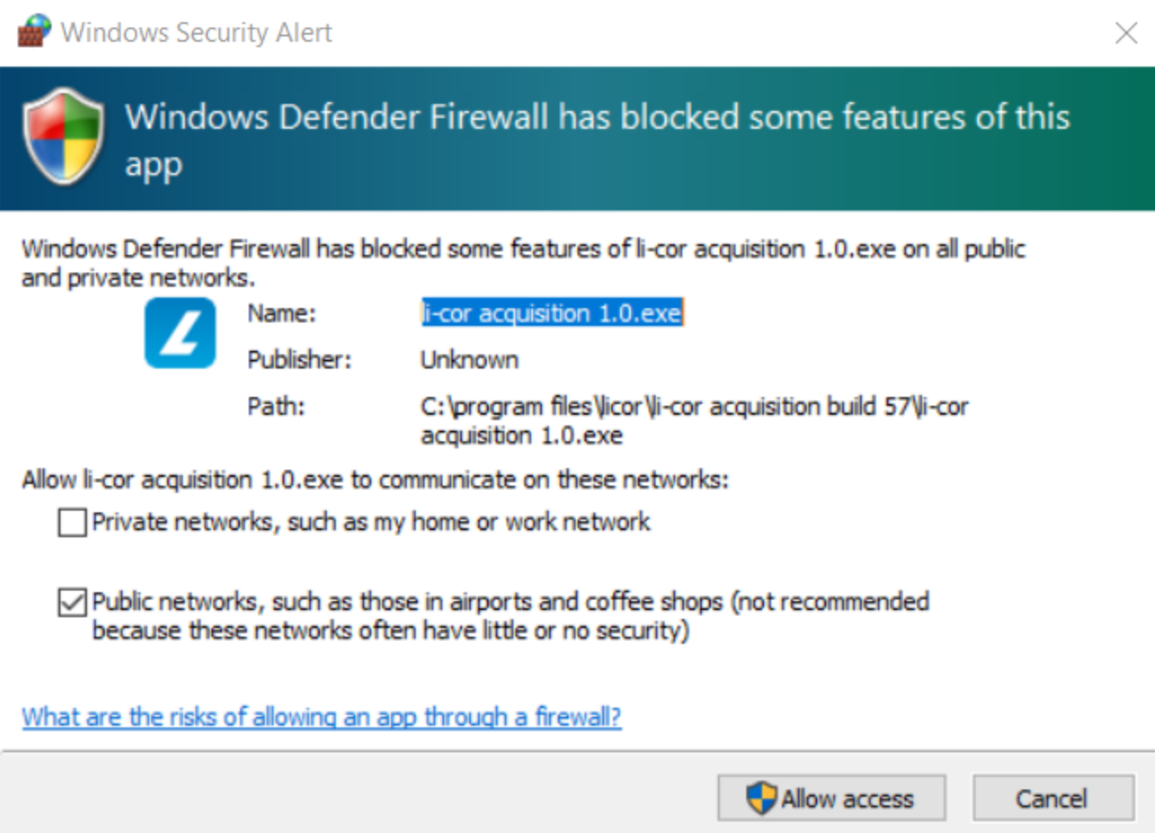Dialog with information about Windows Defender Firewall blocking some features of LI‑COR Acquisition Software