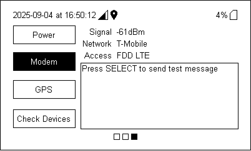 Modem status information presents information and test options.