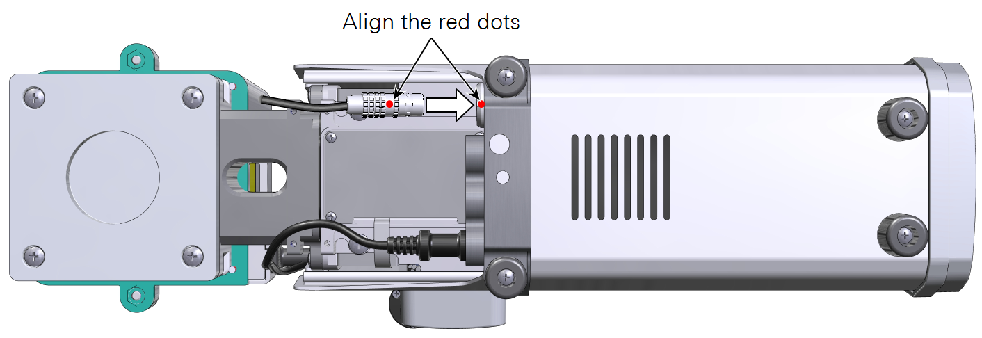 The connector and socket each have a red dot. Align the red dots and press the connector in.