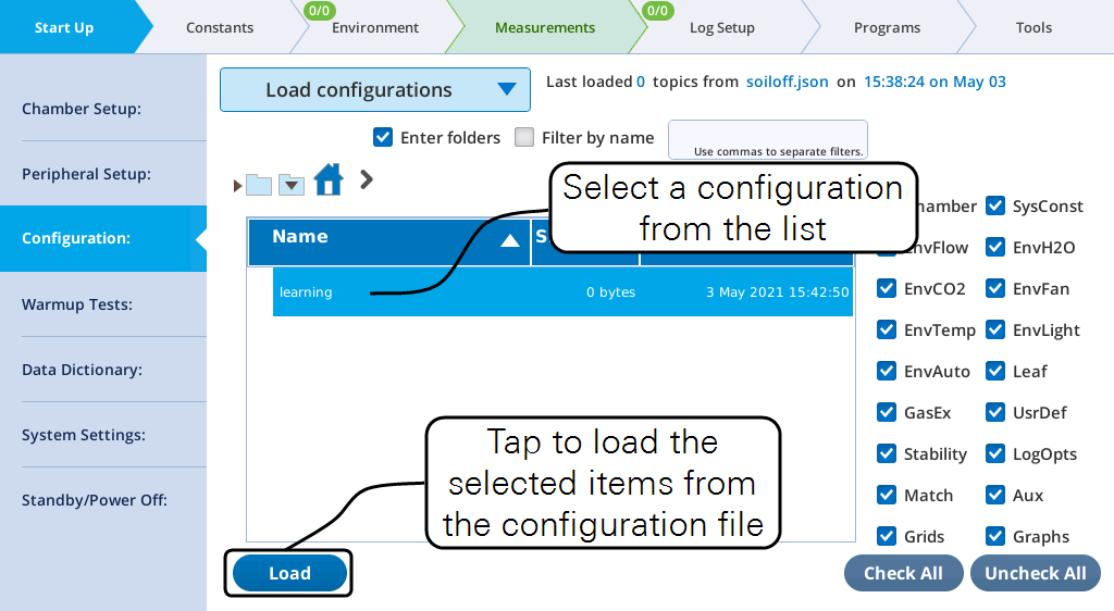 Loading a configuration from storage in the LI-6800 interface.