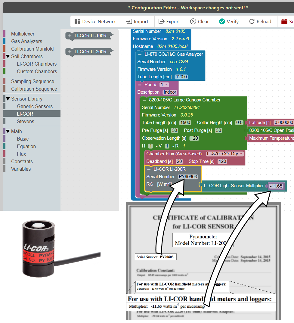 Sensor calibration constants are entered in the interface.