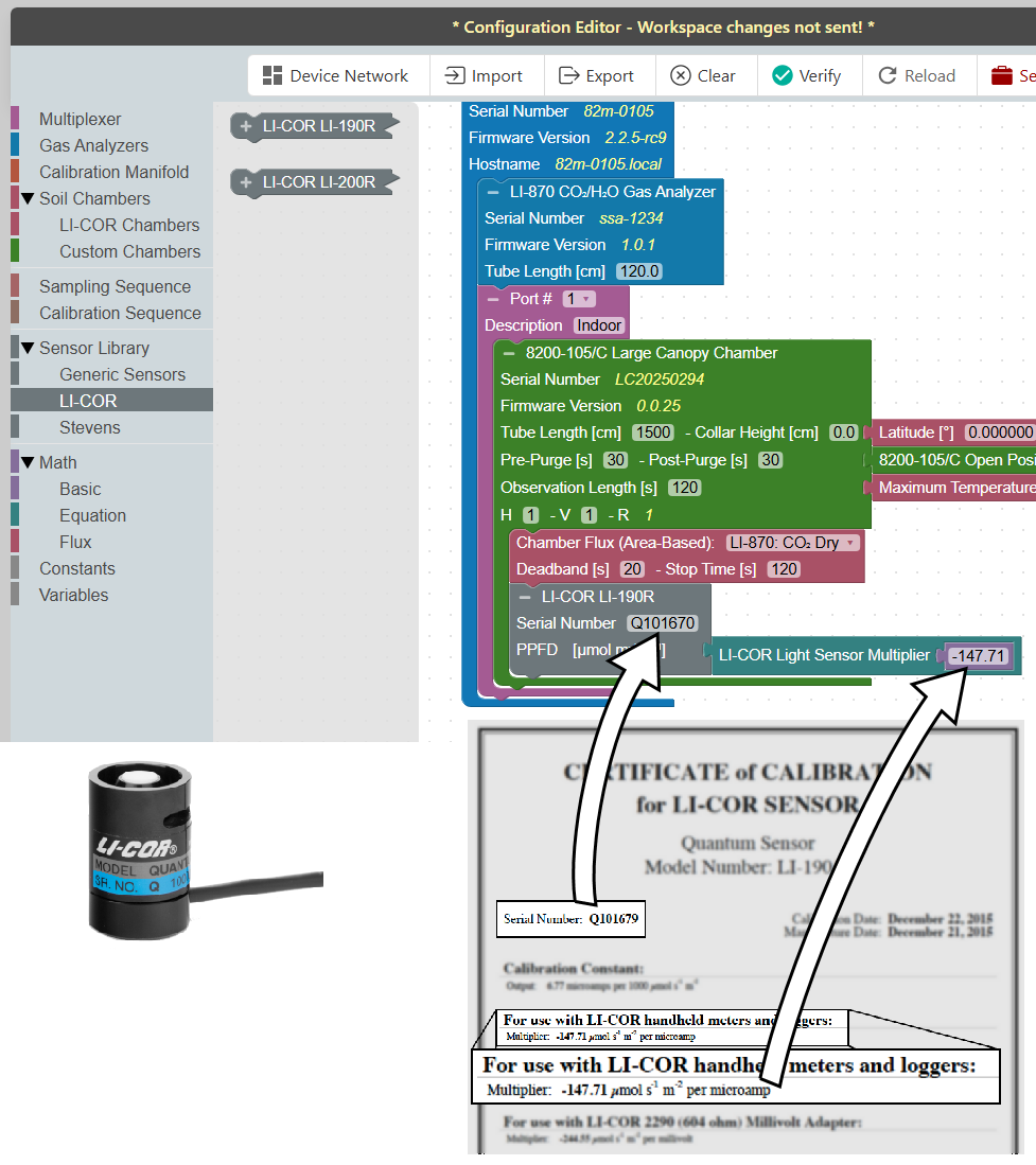 Sensor calibration constants are entered in the interface.