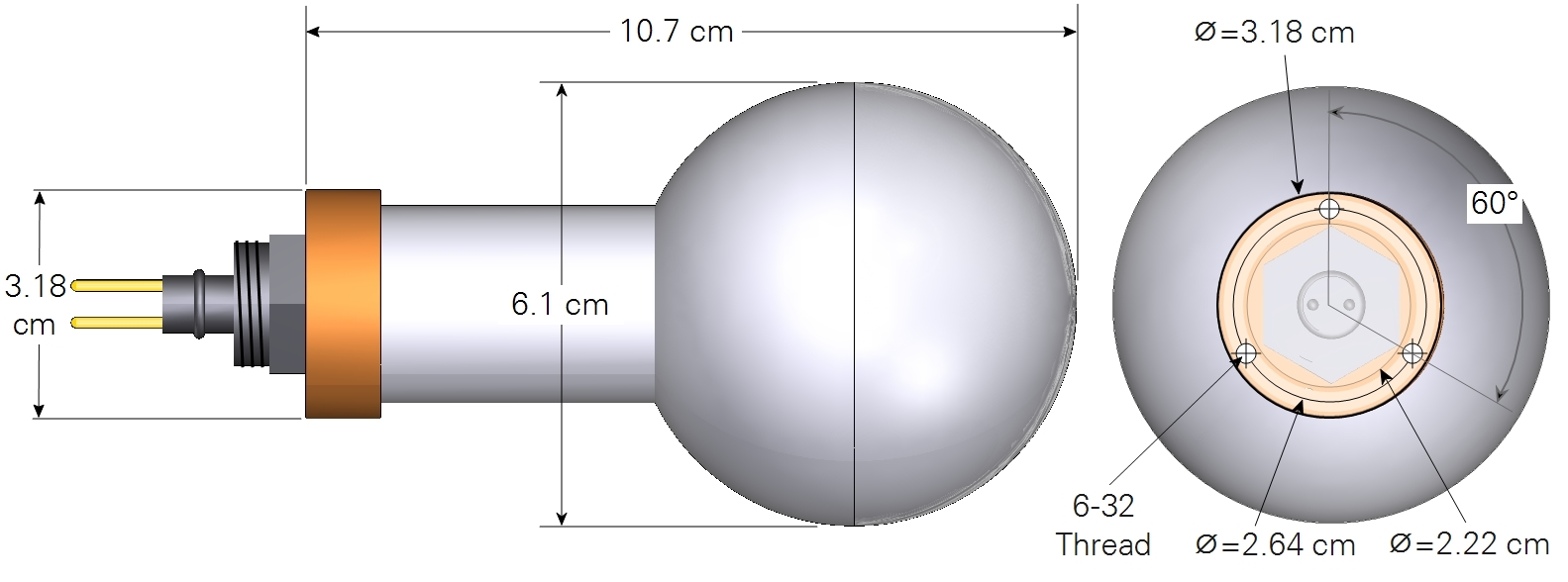 Dimensions of the LI-193 Spherical Underwater Quantum Sensor.