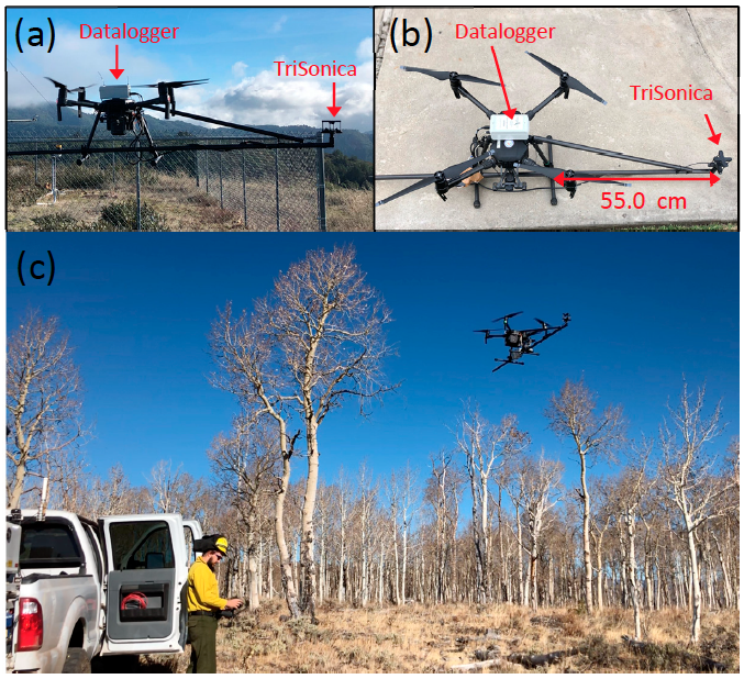 A drone with a boom and TriSonica Mini Wind and Weather Sensor files in a burn scare in an aspen-dominated woodland. The operator stands by nearby beside a truck.