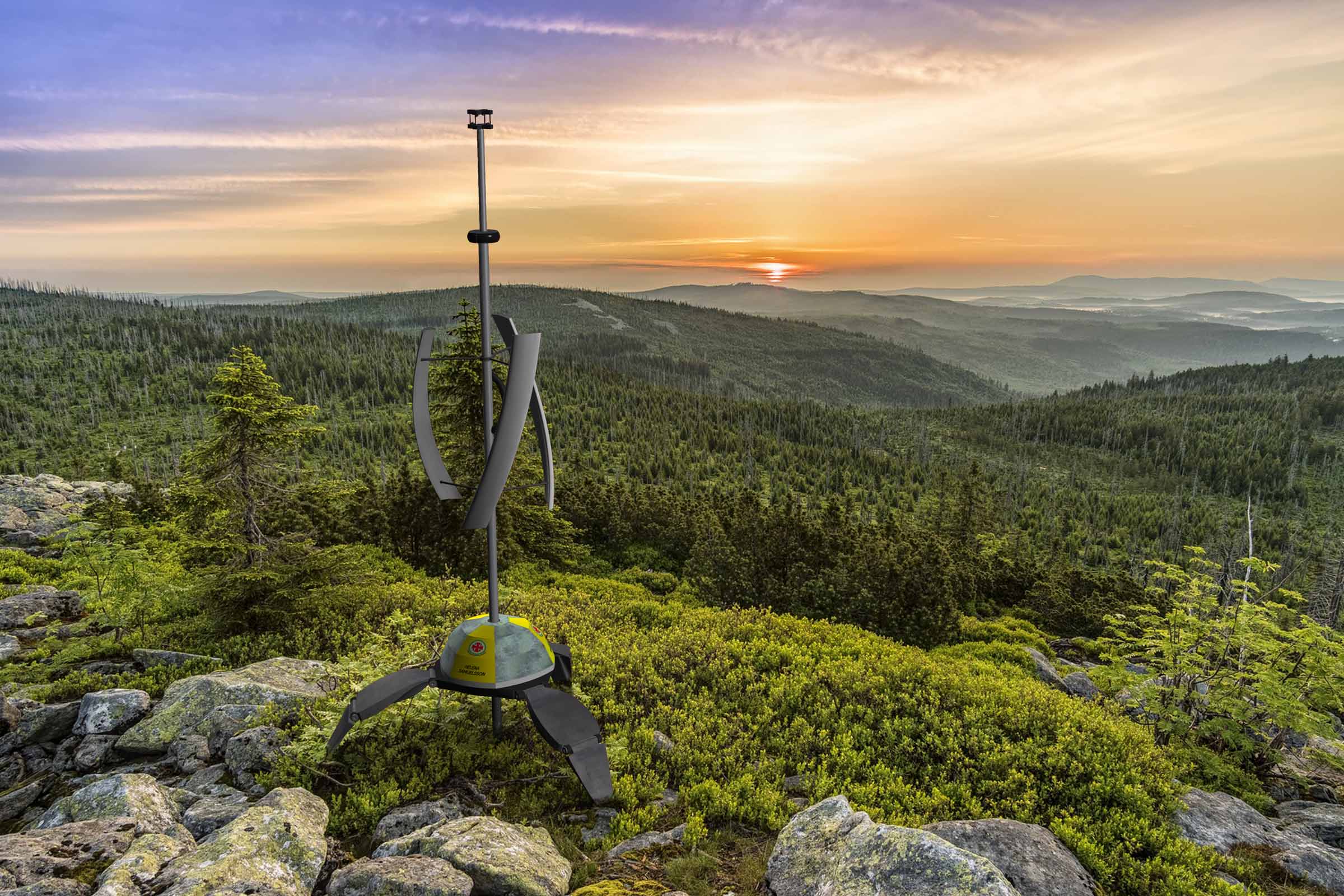 Sunlight shimmers through thin, high clouds on the distant horizon, past a forest of evergreen trees on an ancient mountain range in Sweden. In the foreground, the Njord portable weather station sits among lichen-covered boulders on its unfolded tripod, with a central mast supporting a TriSonica Mini Wind and Weather Sensor at the top.