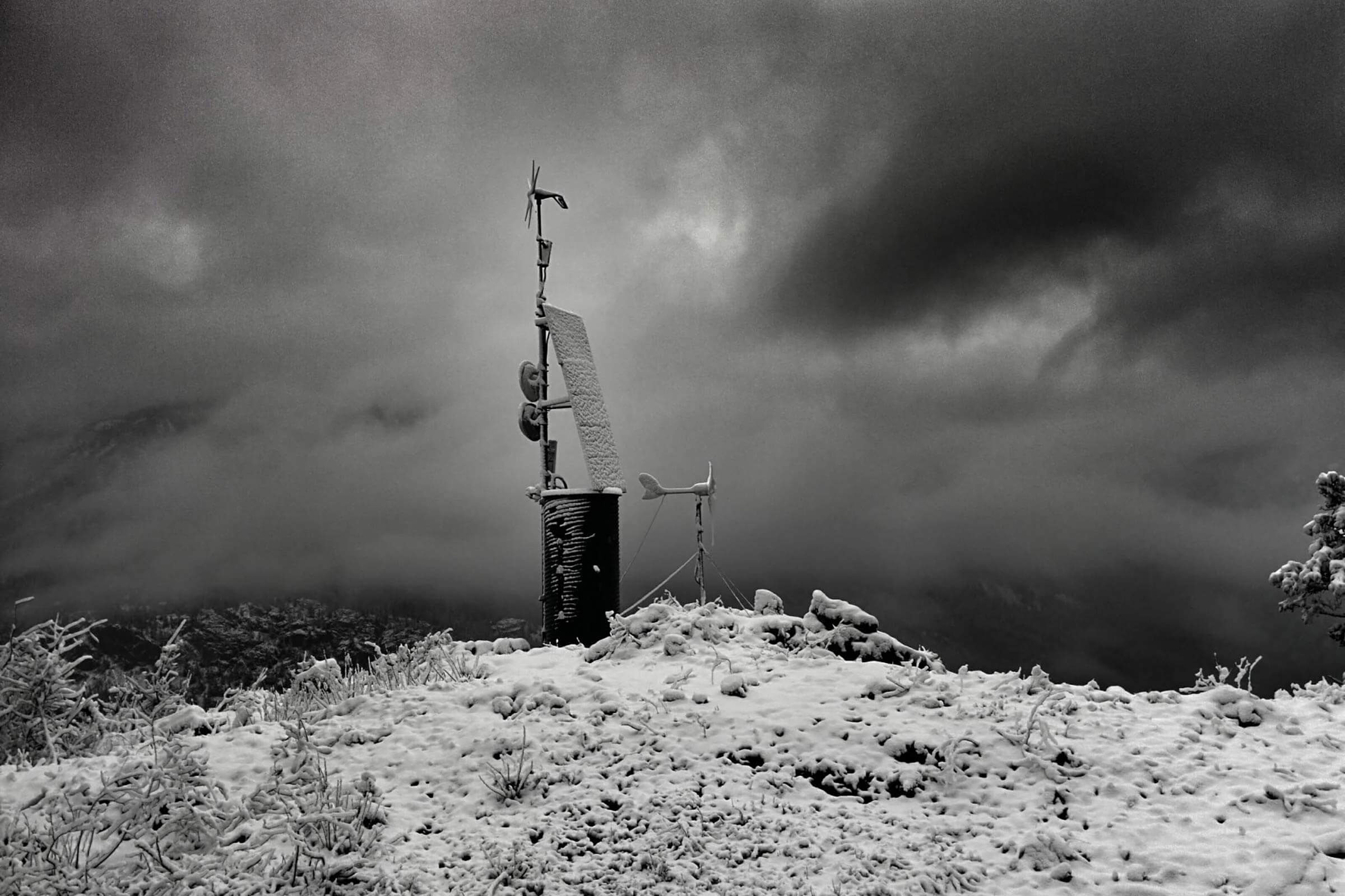 A weather station measures meteorological conditions, including wind speed, ambient pressure, and temperature. Weather stations like this one collect data to identify ideal sites for wind turbines and telecommunication towers.
