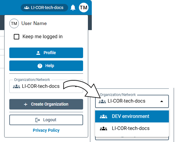 LI-COR Cloud user account menu with networks.